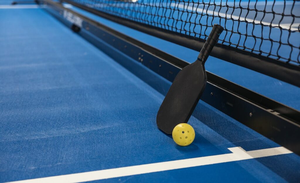 Pickleball paddle and ball against a net on the court.
